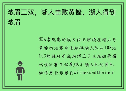 浓眉三双，湖人击败黄蜂，湖人得到浓眉