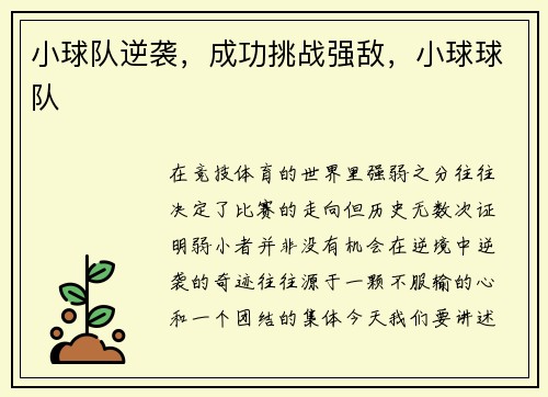 小球队逆袭,成功挑战强敌,小球球队