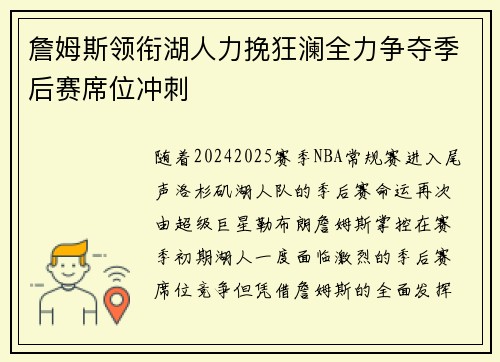 詹姆斯领衔湖人力挽狂澜全力争夺季后赛席位冲刺