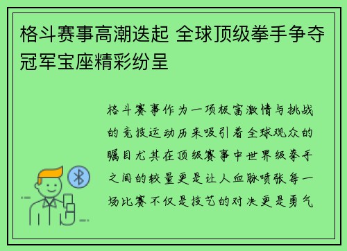 格斗赛事高潮迭起 全球顶级拳手争夺冠军宝座精彩纷呈