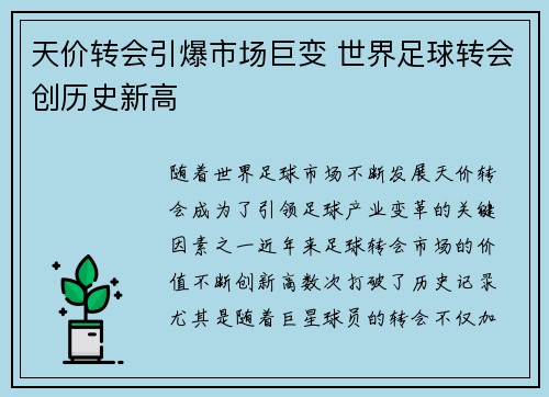 天价转会引爆市场巨变 世界足球转会创历史新高